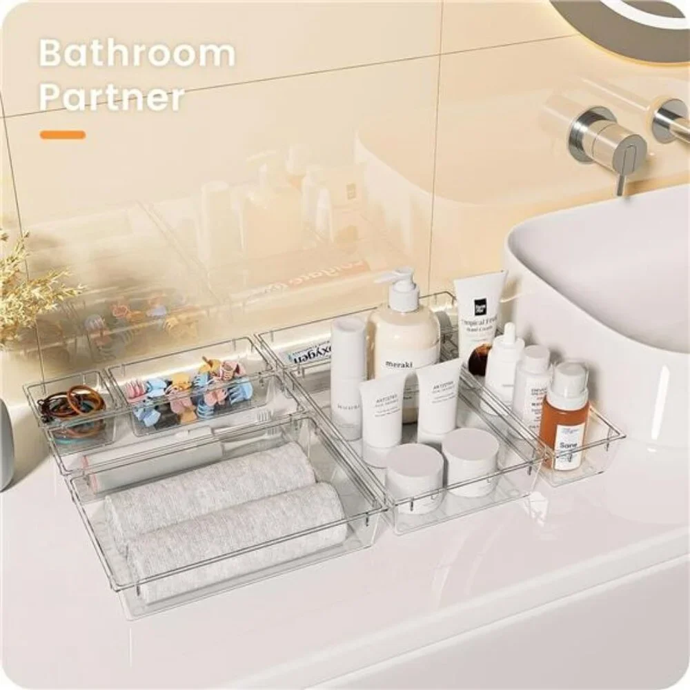 Clear Acrylic Drawer Organizer Set 28 Pc Makeup Vanity Office Storage Bins